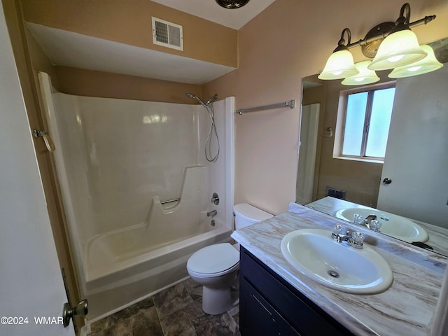 full bathroom with  shower combination, visible vents, toilet, and vanity