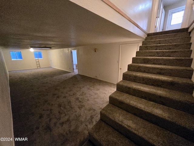 basement with stairs and carpet flooring