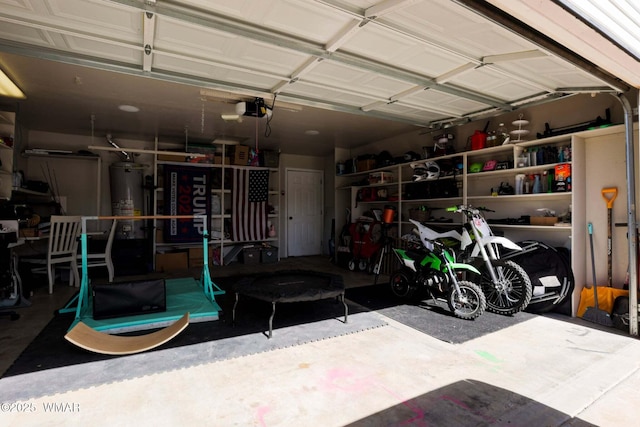 garage with gas water heater and a garage door opener