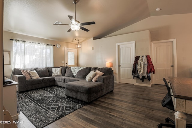 living room with vaulted ceiling, a ceiling fan, and dark wood finished floors
