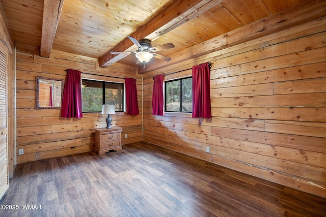unfurnished room with wood ceiling, wood walls, wood finished floors, and beam ceiling
