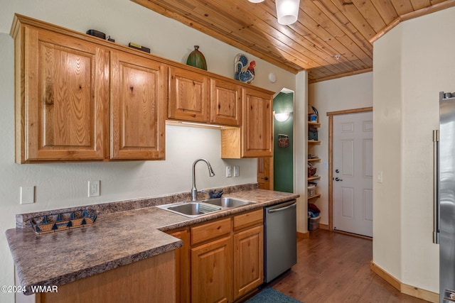kitchen with dark countertops, stainless steel dishwasher, a sink, light wood-style floors, and wood ceiling
