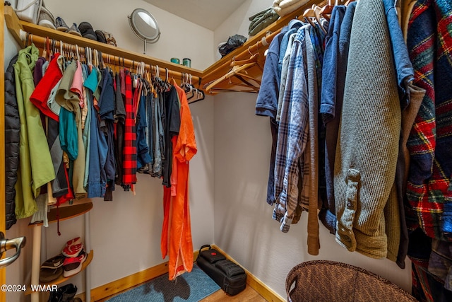 walk in closet with wood finished floors