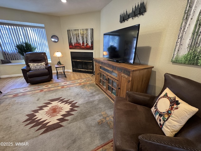 living area featuring a glass covered fireplace, wood finished floors, and baseboards