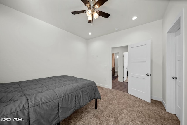 bedroom featuring carpet, baseboards, and recessed lighting