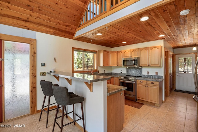 1464 Low Mountain Trl, Heber, AZ 85928 - kitchen featuring appliances with stainless steel finishes, a peninsula, light tile patterned floors, a breakfast bar area, and wooden ceiling