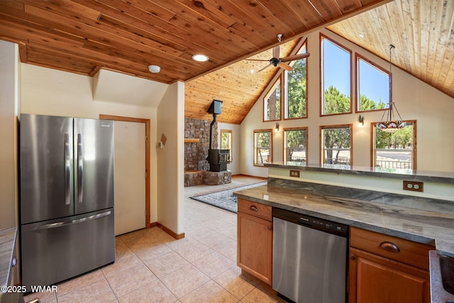 1464 Low Mountain Trl, Heber, AZ 85928 - kitchen with stainless steel appliances, wood ceiling, healthy amount of natural light, a wood stove, and light tile patterned floors