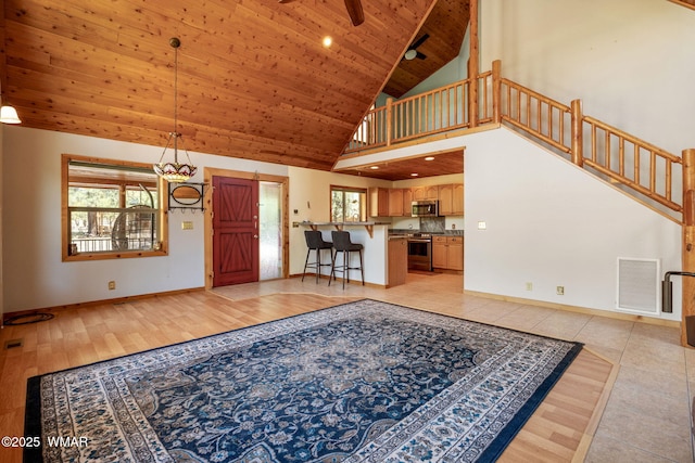 1464 Low Mountain Trl, Heber, AZ 85928 - unfurnished living room with wood ceiling, high vaulted ceiling, stairway, a ceiling fan, and baseboards