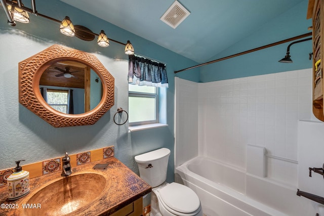 1464 Low Mountain Trl, Heber, AZ 85928 - bathroom featuring lofted ceiling, toilet, vanity,  shower combination, and plenty of natural light