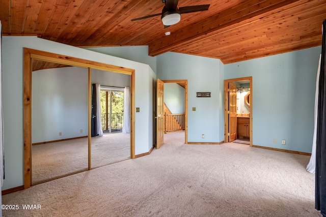 1464 Low Mountain Trl, Heber, AZ 85928 - unfurnished bedroom with carpet flooring, wood ceiling, a closet, baseboards, and ensuite bath