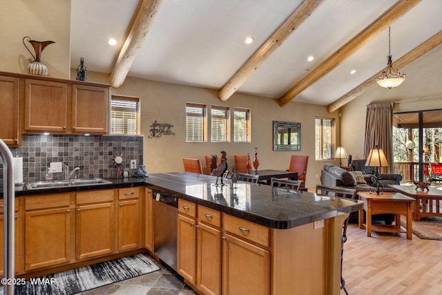 4186 Stone Pine Dr, Pinetop, AZ 85935 - kitchen featuring tile counters, a peninsula, dishwasher, a sink, and recessed lighting
