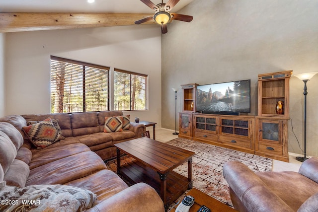 4186 Stone Pine Dr, Pinetop, AZ 85935 - living area featuring ceiling fan, carpet flooring, high vaulted ceiling, beamed ceiling, and recessed lighting