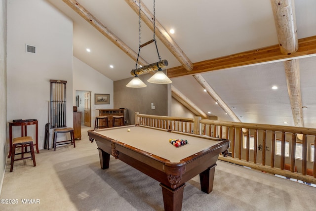 4186 Stone Pine Dr, Pinetop, AZ 85935 - game room with light carpet, beamed ceiling, recessed lighting, billiards table, and high vaulted ceiling