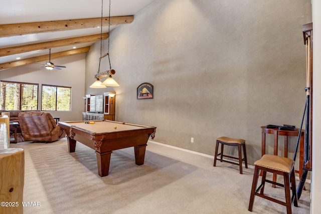 4186 Stone Pine Dr, Pinetop, AZ 85935 - recreation room with carpet floors, beamed ceiling, pool table, a ceiling fan, and recessed lighting