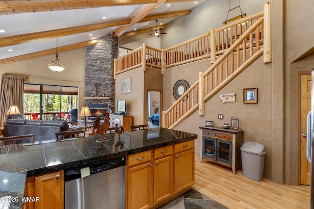 4186 Stone Pine Dr, Pinetop, AZ 85935 - kitchen featuring tile countertops, dishwasher, open floor plan, high vaulted ceiling, and beamed ceiling
