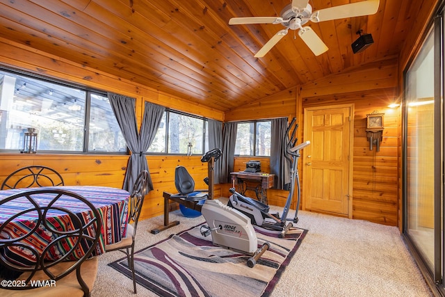 workout area featuring wooden walls, carpet flooring, wood ceiling, ceiling fan, and vaulted ceiling