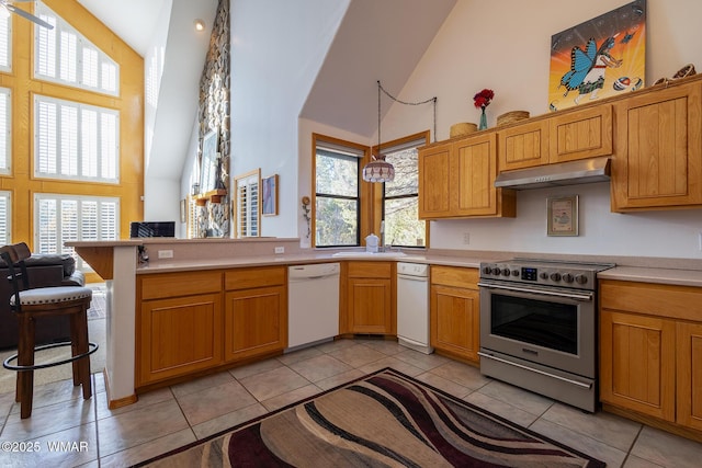 kitchen featuring high vaulted ceiling, electric range, light countertops, under cabinet range hood, and dishwasher