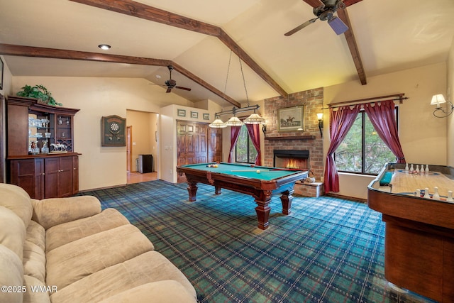2353 Florian Meadow Trl, Overgaard, AZ 85933 - game room featuring ceiling fan, billiards table, a fireplace, and carpet floors
