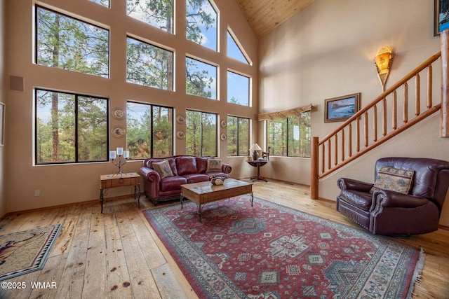 2353 Florian Meadow Trl, Overgaard, AZ 85933 - living area featuring high vaulted ceiling, wood-type flooring, stairway, and wood ceiling