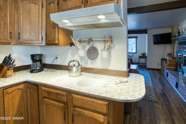 kitchen with a fireplace, light countertops, under cabinet range hood, dark wood-type flooring, and brown cabinets