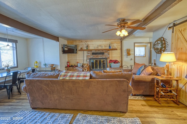 living room with a barn door, a textured ceiling, a ceiling fan, and light wood finished floors