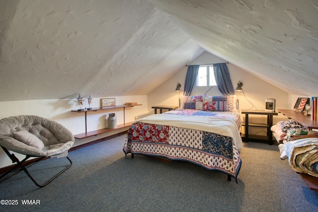 carpeted bedroom featuring vaulted ceiling and a textured ceiling