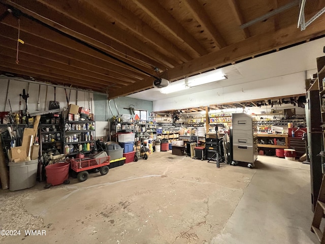 garage with a garage door opener and a workshop area