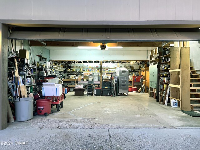 garage with a workshop area