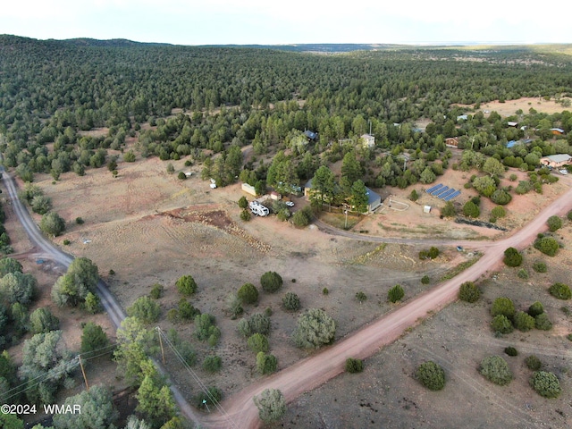 bird's eye view with a wooded view