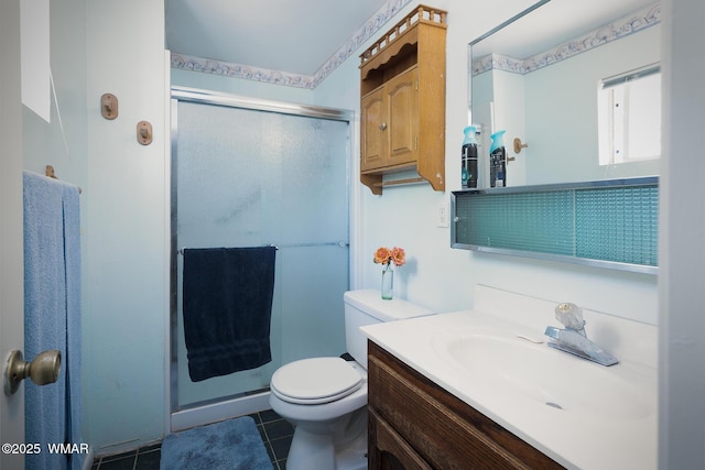 839 S 3rd St, Snowflake, AZ 85937 - bathroom with a stall shower, vanity, toilet, and tile patterned flooring