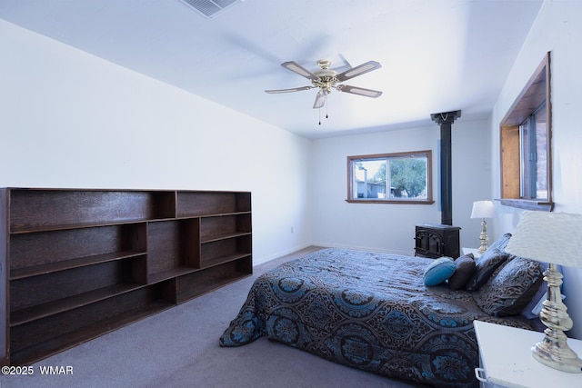 839 S 3rd St, Snowflake, AZ 85937 - bedroom featuring a wood stove, carpet, baseboards, and a ceiling fan