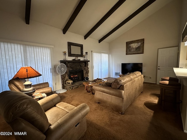 living room with carpet floors, a fireplace, beamed ceiling, and high vaulted ceiling