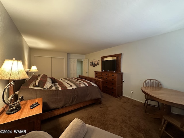 bedroom featuring baseboards, dark carpet, and a closet