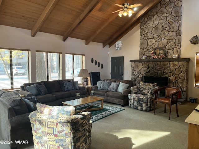 living room featuring carpet floors, wooden ceiling, and a fireplace