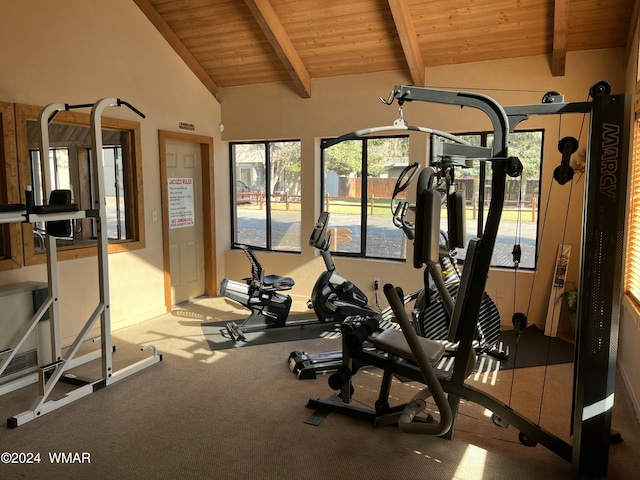 exercise area featuring lofted ceiling and wooden ceiling