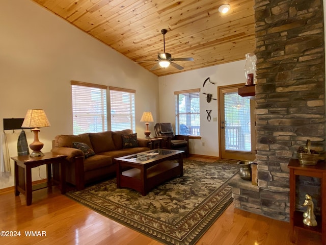 living room with ceiling fan, wood finished floors, high vaulted ceiling, wooden ceiling, and baseboards