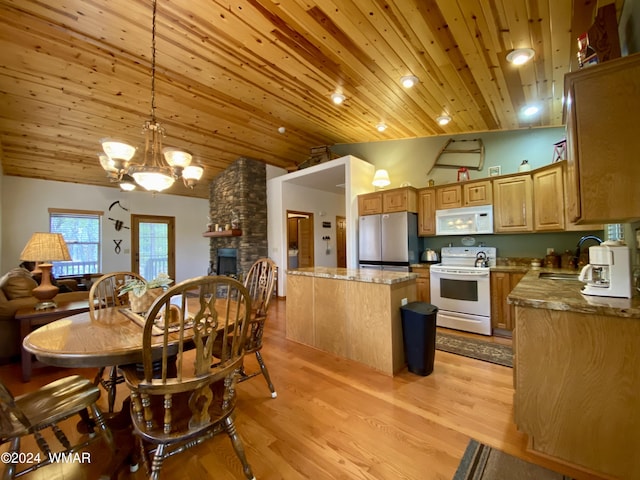 kitchen featuring a center island, hanging light fixtures, wood ceiling, a stone fireplace, and white appliances