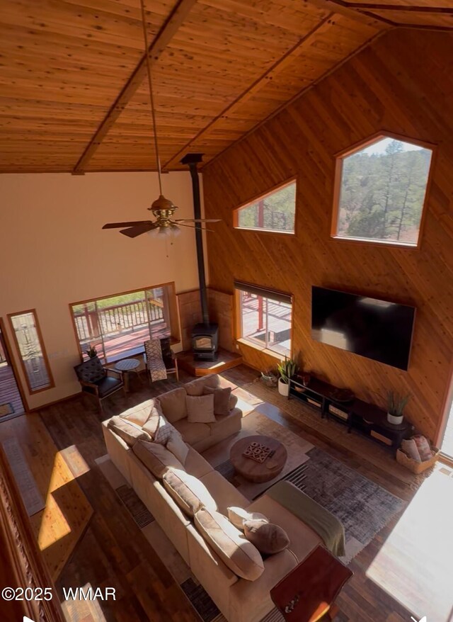 746 Jacks Wild Rd, Show Low, AZ 85901 - living area featuring wooden walls, high vaulted ceiling, wood ceiling, and a wood stove