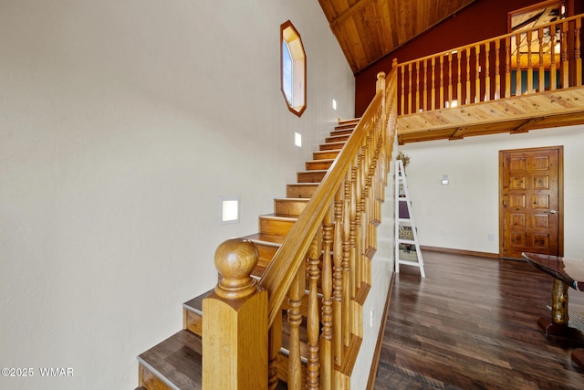 746 Jacks Wild Rd, Show Low, AZ 85901 - stairway featuring wooden ceiling, high vaulted ceiling, and wood finished floors