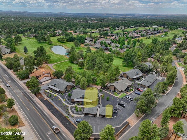 drone / aerial view featuring a residential view and a water view