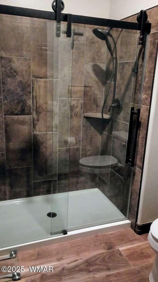 bathroom with a shower stall and toilet