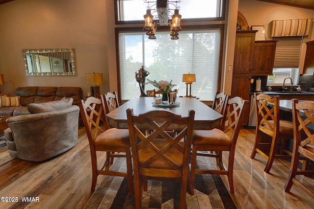 dining room with a healthy amount of sunlight, a notable chandelier, and wood finished floors