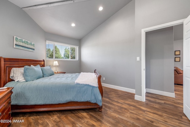 bedroom featuring lofted ceiling, recessed lighting, dark wood-style floors, and baseboards