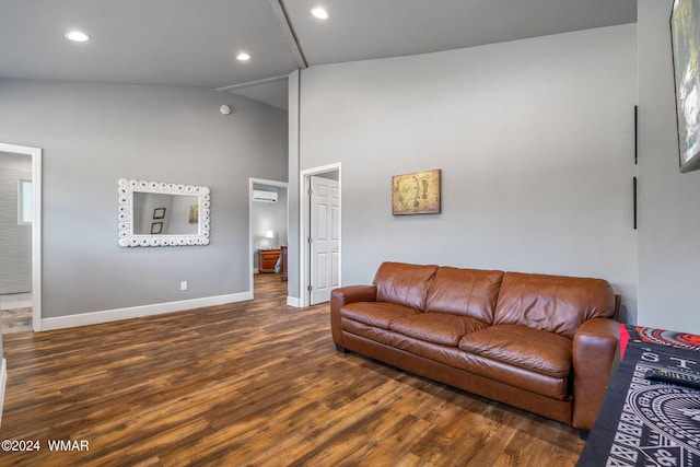 living room with lofted ceiling, dark wood-type flooring, recessed lighting, and baseboards