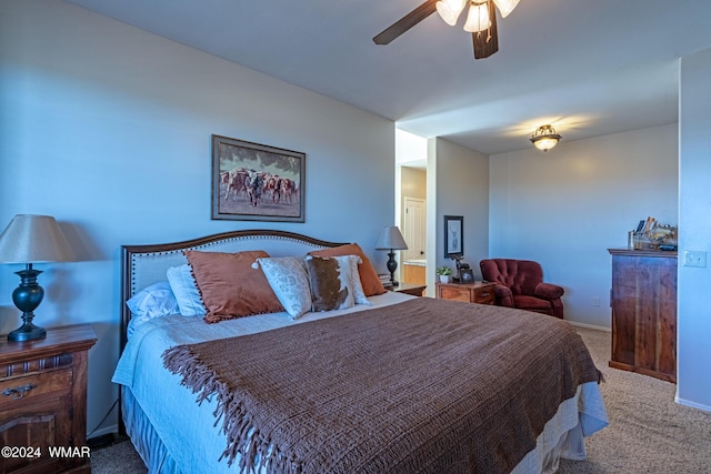 bedroom featuring carpet floors, ceiling fan, and baseboards