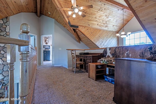 unfurnished office with ceiling fan with notable chandelier, carpet floors, beam ceiling, and wood ceiling