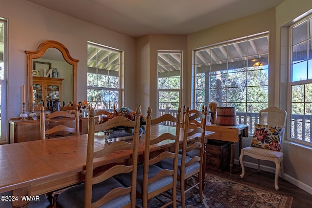 dining space with baseboards and wood finished floors