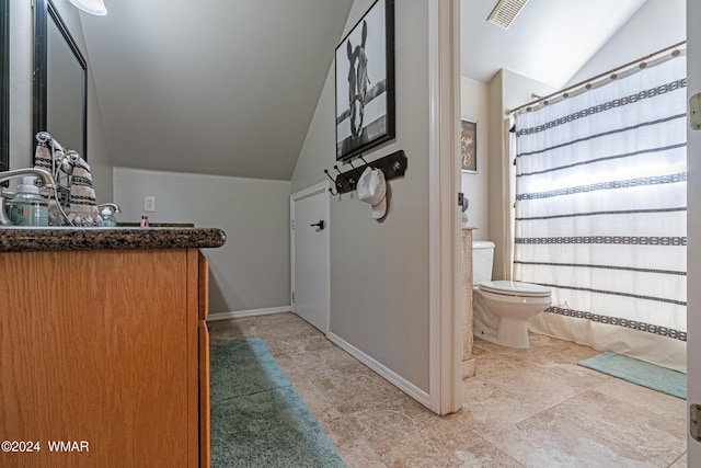 full bathroom with lofted ceiling, toilet, visible vents, and baseboards