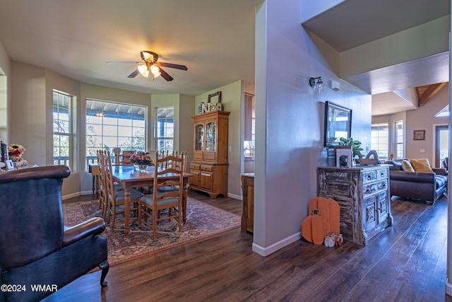 dining area with dark wood-type flooring, a ceiling fan, and baseboards