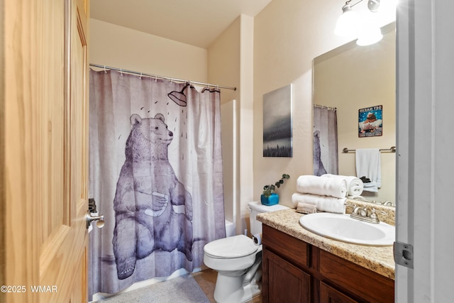 full bath with vanity, toilet, and shower / bathtub combination with curtain